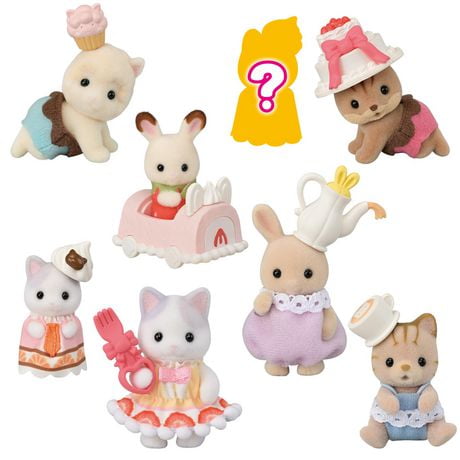 Calico Critters Baby Cake Party Series Sacs aveugles, ensemble surprise comprenant une figurine de poupée et un accessoire