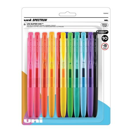 uni® Spectrum Retractable Gel Pens, Medium Point (0.7mm), Assorted Ink, 10 Pack + 5 Bonus, Spectrum Gel Pens Assorted