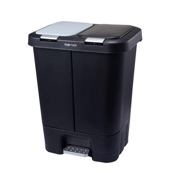 The Step N' Sort 40L Dual Trash and Recycling Bin with Spring Top opening and Hands-free slow close lid. White
