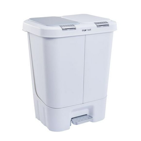 La poubelle double et la poubelle de recyclage Step N 'Sort 40L avec ouverture à ressort et couvercle à fermeture lente mains libres. Blanc