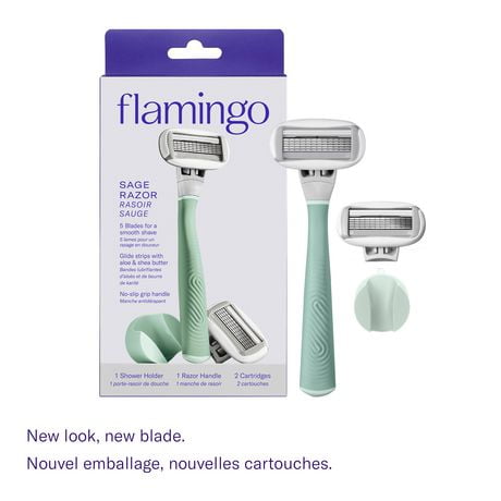 Rasoir pour femmes à 5 lames Flamingo – 1 manche de rasoir + 2 cartouches de lames de rechange – Sauge 1 manche, 2 cartouches