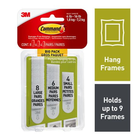 Command™ Assorted Picture Hanging Strips, 17211-BPEF, big pack, 8 L/6 M/4 S Strips