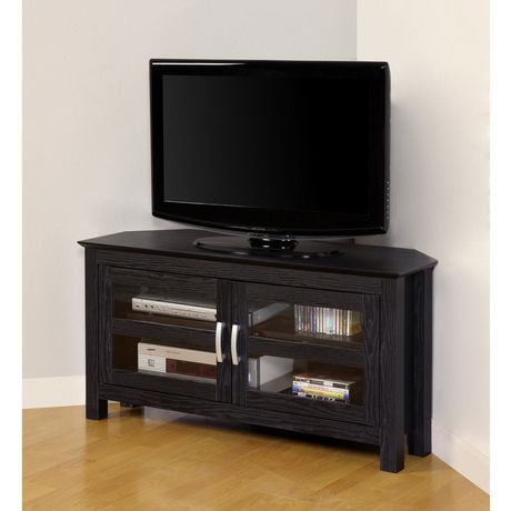 We Furniture Black Wood Corner TV Stand with Glass Doors 