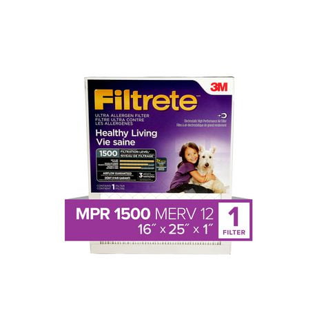 Filtrete™ Healthy Living Ultra Allergen Filter, MPR 1500, 16 in x 25 in x 1 in, 16 in x 25 in x 1 in, 1/Pack