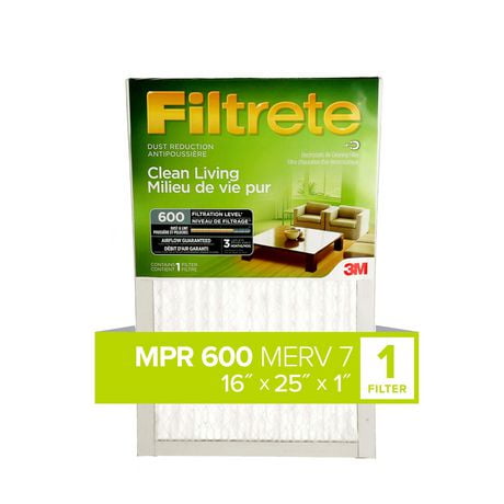 Filtre antipoussière « Milieu de vie pur » Filtrete(MC), MPR 600, 16 x 25 x 1 po 16 x 20 x 1&nbsp;po, 1/paqu