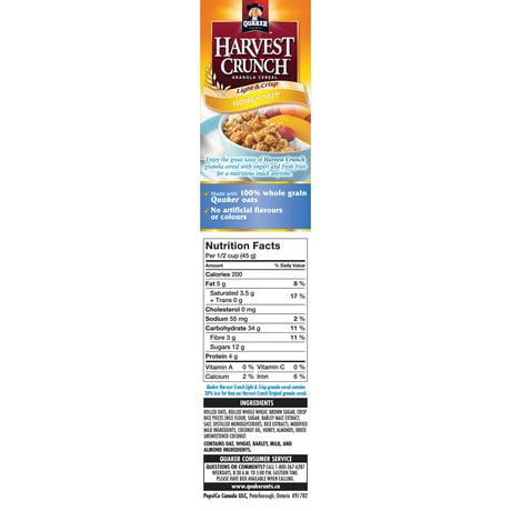 Quaker Harvest Crunch Light & Crisp Honey Nut Granola Cereal | Walmart ...