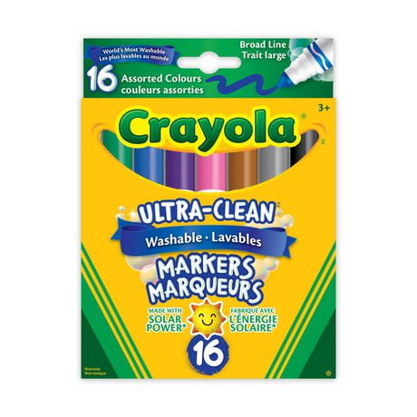 Crayola Ultra-Clean Washable Broad Line Markers, Assorted Colours 16 Count, Wide tip for large area colouring.