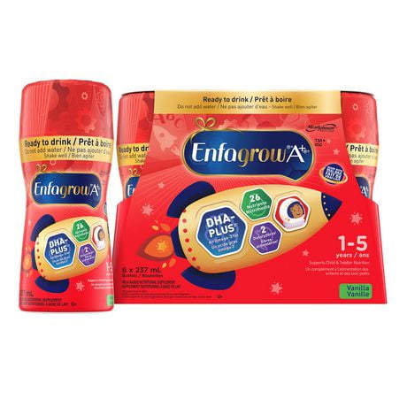 Enfagrow A+, Toddler and Child Nutritional Drink, 26 Nutrients including Brain Building DHA a type of Omega-3 fat, Vanilla Flavour, Ready to Drink, Ages 1-5, 237mL x 6 count, 6 x 237mL