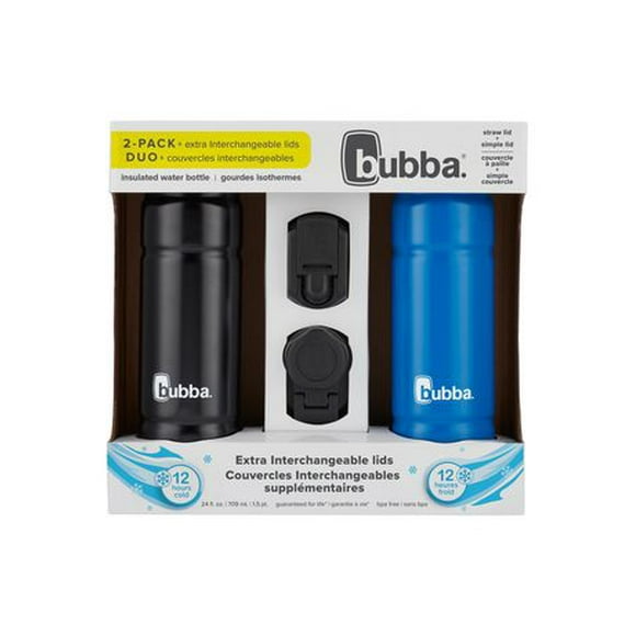 bubba Trailblazer Stainless Steel Water Bottles with Two Extra Interchangeable Lids, 24 oz, 2 Count, 709 mL