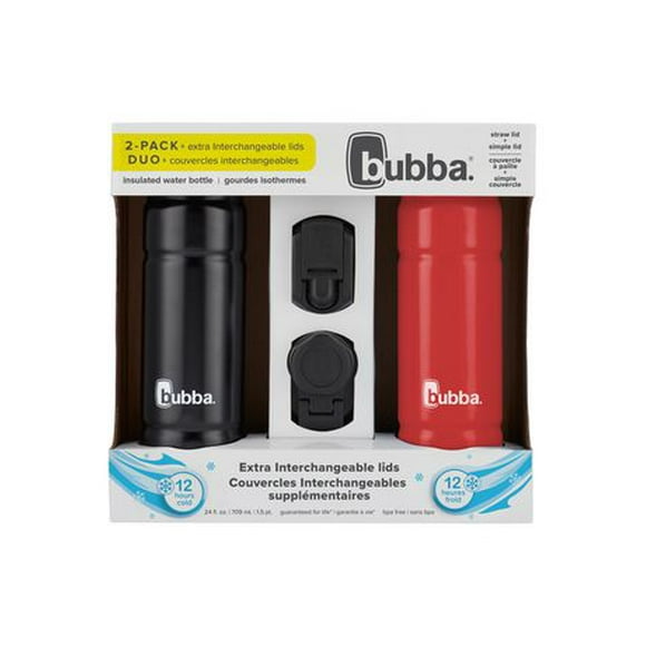 bubba Trailblazer Stainless Steel Water Bottles with Two Extra Interchangeable Lids, 24 oz, 2 Count, 709 mL