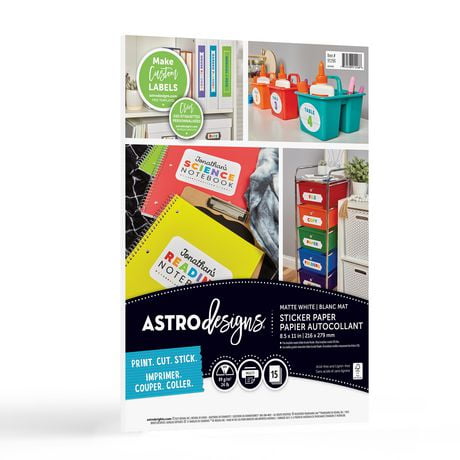 Astrodesigns Matte White Sticker Paper, 8.5" x 11", 15 Full Sheets