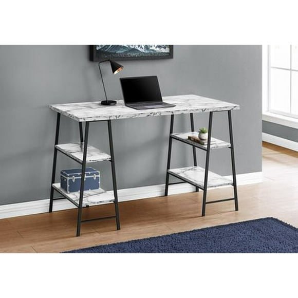 Monarch Specialties Computer Desk, Home Office, Laptop, Storage Shelves, 48"l, Work, Metal, Laminate, White Marble Look, Black, Contemporary, Modern