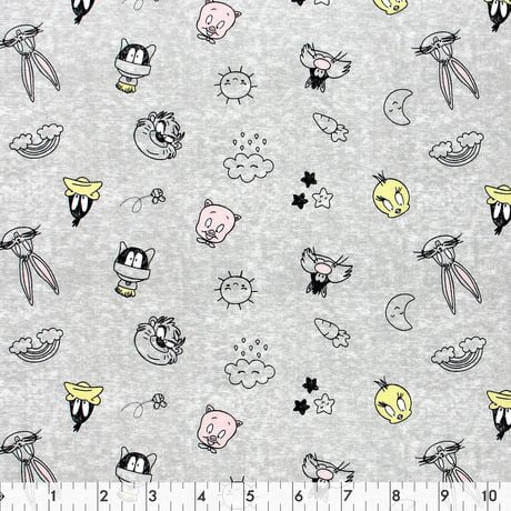 Tissu au mètre en coton Fabric Creations à motif de gris avec des têtes de Bugs Bunny et de Looney Toon