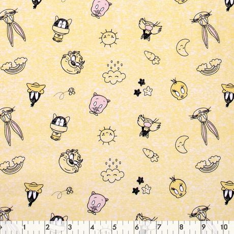 Tissu au mètre en coton Fabric Creations à motif de jaune avec des têtes de Bugs Bunny et de Looney Toon