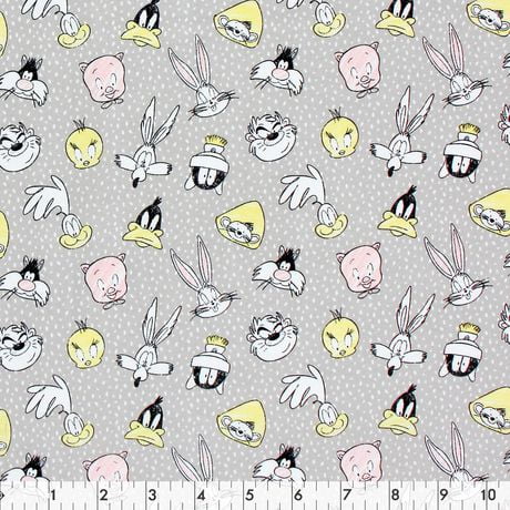 Tissu au mètre en coton Fabric Creations à motif de pois gris avec des têtes de Bugs Bunny et de Looney Toon