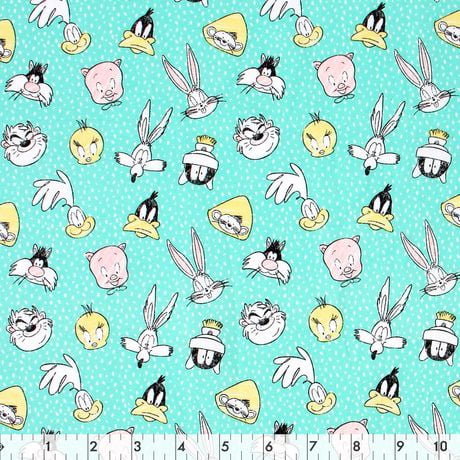 Tissu au mètre en coton Fabric Creations à motif de pois aqua avec des têtes de Bugs Bunny et de Looney Toon