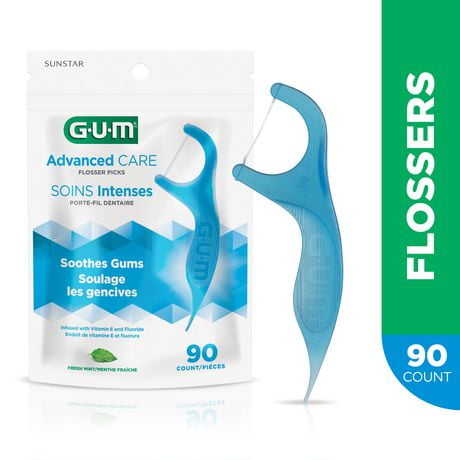 GUM® Advanced Care Flosser Picks, Infused with Vitamin E & Fluroide, Fresh Mint Flavour, 90 Count