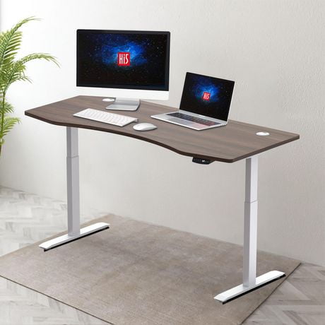 Hi5 Ez Electric Height Adjustable Standing Desk with ergonomic contoured Tabletop (71"x 31.5" / 180 x 80cm) and dual motor lift system for Home Office Workstation (Walnut Top/White Frame)