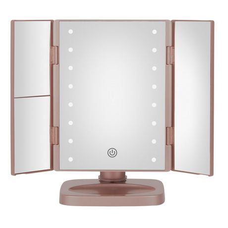 Miroir à maquillage True Glow à trois panneaux avec éclairage DEL et réglages de grossissement 1x/2x/3x
