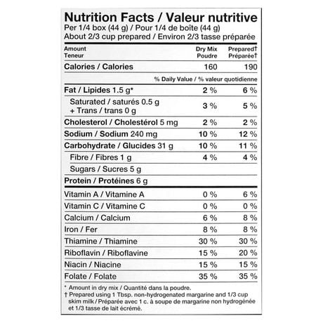 Kraft dinner nutrition label