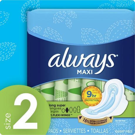 Always Maxi Size 2 Long Super Pads with Wings, Unscented | Walmart Canada
