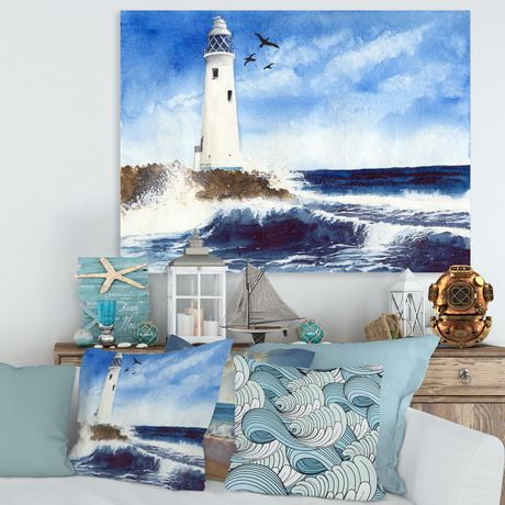 Designart Lighthouse On The Rocky Island With Seagulls Canvas Wall Art