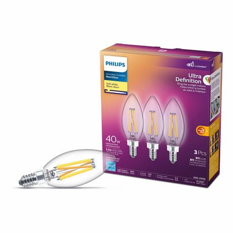 Philips LED Ultra Definition 40W Chandelier (B11) Candelabra Base (E12) Soft White WarmGlow Glass Clear 3-Pack, PHILIPS LED 40W CH SW 3