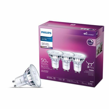 Philips LED GU10 GU10 50W Equivalent Energy Saving Light Bulb, Dimmable Bright White (3000K) 3-Pack, Philips 50W LED GU10 bw3