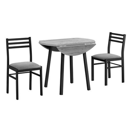 Monarch Specialties Dining Table Set, 3pcs Set, Small, 35" Drop Leaf, Kitchen, Black Metal, Grey Laminate, Contemporary, Modern