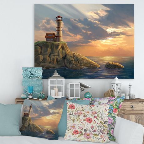 Designart Lighthouse On A Rocky Coastal Cliff At Sunset Canvas Wall Art
