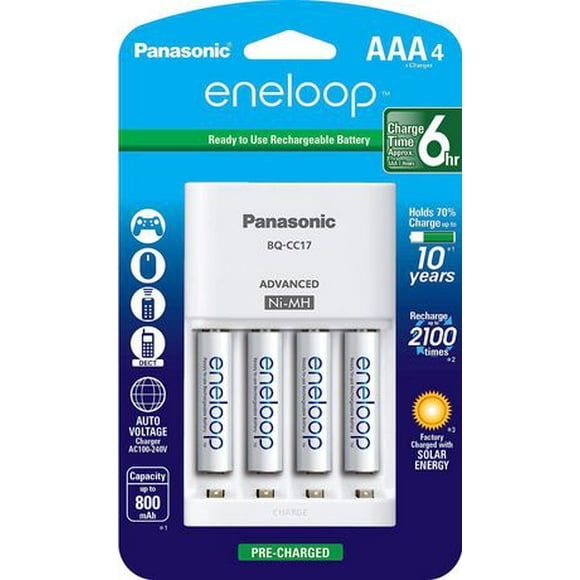 Panasonic Eneloop Lot de 4 chargeurs de batterie avec piles rechargeables AAA eneloop AAA 2100 cycles (Paquet de 4)