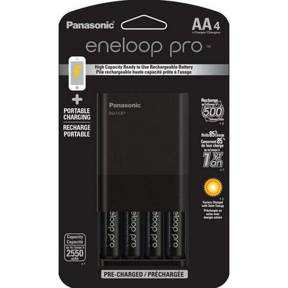 Panasonic Eneloop Chargeur de batterie individuel avec technologie de charge portable et 4 piles rechargeables AA Eneloop Pro