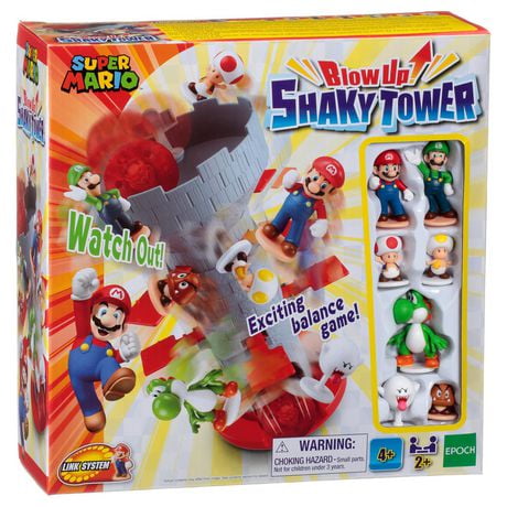 Epoch Games Super Mario Blow Up! Shaky Tower Balancing Game, Tabletop Skill and Action Game with Collectible Super Mario Action Figures, Super Mario Shaky Tower Game