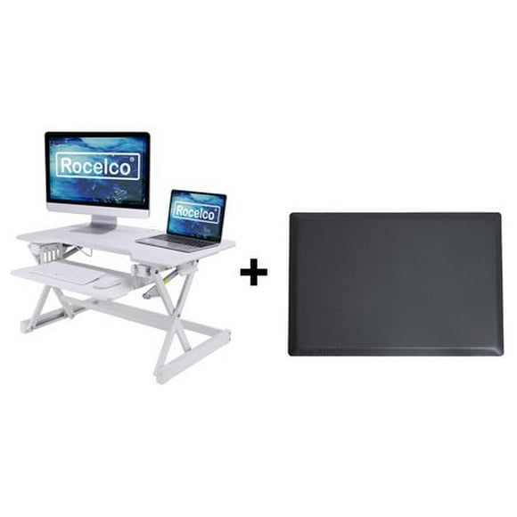 Rocelco 32 "Convertisseur de bureau debout réglable en hauteur BUNDLE - Support de poste de travail pour ordinateur assis-debout avec tapis anti-fatigue - Ressort à gaz pour plateau de clavier rétractable à deux écrans (Blanc)