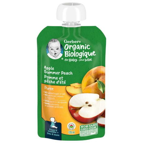 GERBER Organic Purée, Apple Summer Peach, Baby Food, 128 ml, 128 ML