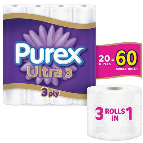 Purex Ultra 3 ply Soft & Thick Toilet Paper, Hypoallergenic and Septic Safe, 20 Triple Rolls = 60 Single Rolls