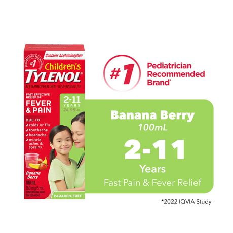 Tylenol Medicament Pour Enfants 2 11 Ans Soulage Fievre Et Douleur Suspension Orale D Acetaminophene A 160 Mg 5 Ml Banane Et Fraise 100 Ml Walmart Canada