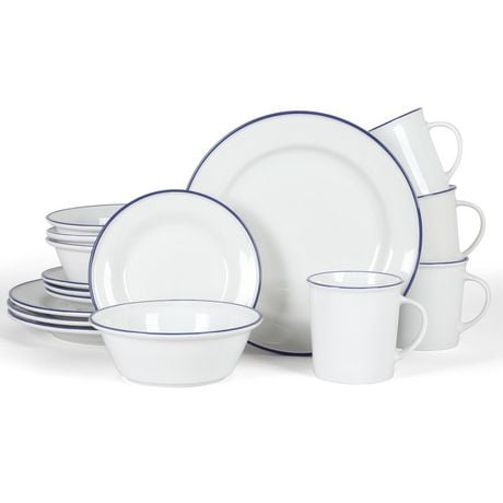 Martha Stewart Cliffield 16 Piece Dinnerware Set, Blue Rim, White, Fine Ceramic