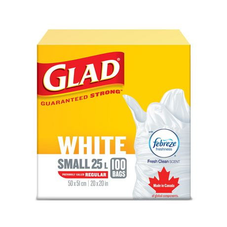 Glad White Garbage Bags - Small 25 Litres - Febreze Fresh Clean Scent, 100 Trash Bags, 100 Bags of Fresh Clean Scent