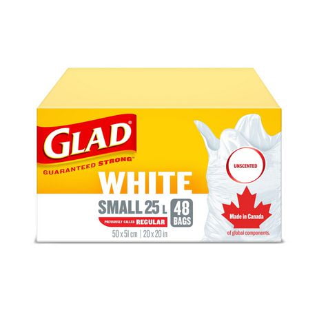 Glad White Garbage Bags - Small 25 Litres - Unscented, 48 Trash Bags, Guaranteed Strong