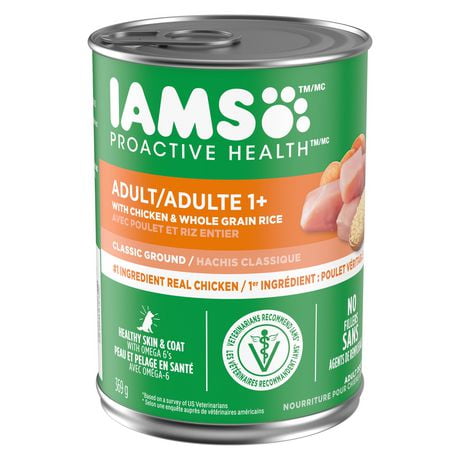 Nourriture humide pour chiens adultes Iams Proactive Health avec poulet et riz entier, hachis classique 369 g