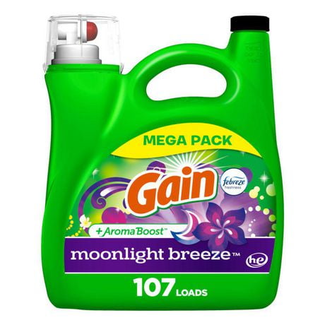Détergent à lessive liquide Gain avec Aroma Boost, parfum Moonlight Breeze, compatible avec les machines HE 107&nbsp;brassées, 4,55&nbsp;L