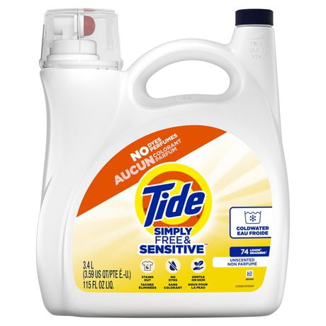 Tide Simply Free & Sensitive Liquid Laundry Detergent, Unscented, 89 Loads 3.78 L