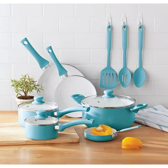 Mainstays Ceramic Nonstick 12 Piece Cookware Set, Blue Linen, MS CER 12PC SET BLU
