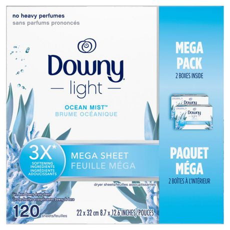 Downy Light Mega Dryer Sheets, Fabric Softener Dryer Sheets, Ocean Mist, 120 Count