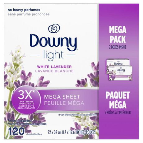 Downy Light Mega Dryer Sheets, Fabric Softener Dryer Sheets, White Lavender, 120 Count