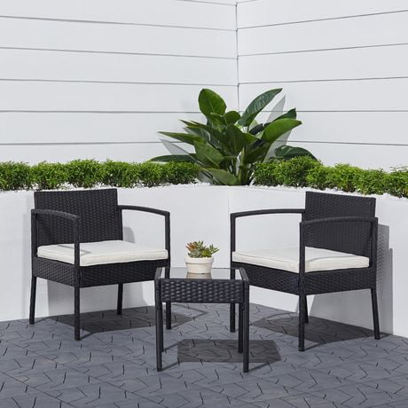 Tierra 3-Piece Classic Outdoor Wicker Coffee Lounger Set in Black with Cushion