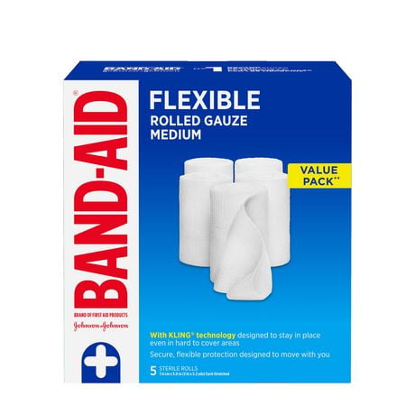 La gaze en rouleau flexible de marque Band Aid procure un pansement stérile pour le soin des plaies et coupures mineures, coussinage ultradoux et absorption instantanée, 7,6 cm x 4,5 m; emballage écono de 5 gazes moyennes 7,6 cm x 1,9 m, 5 rouleaux