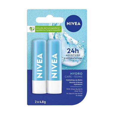 NIVEA Hydro Care Lip Balm, 24H Hydration, 2 x 4.8 g