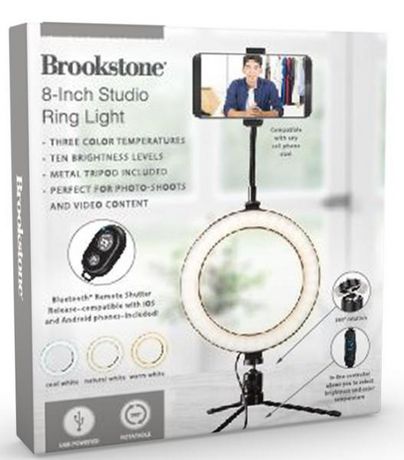 brookstone 8in ring light with bluetooth and tripod